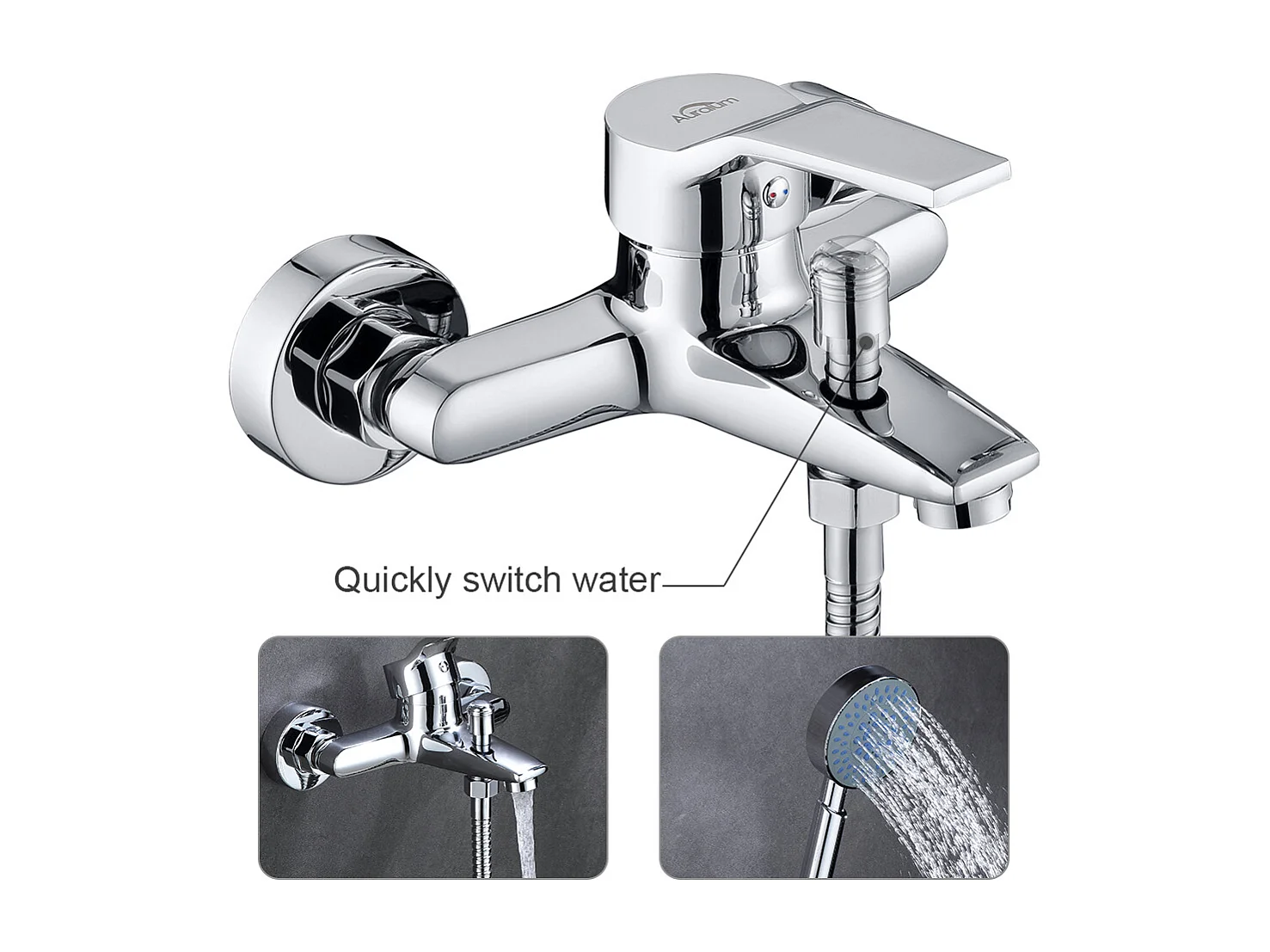 Badmengkraan Verchroomd,Badkraan met Handdouche 5 Jets/Douche Flexibel (1.5m) Houder+Handdoekhouder Badkamer Zelfklevend/Boren,Geborsteld