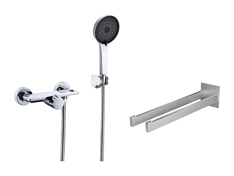 Auralum MAX Waterval Badkraan, Verchroomd, met Handdouche 5 Functies, Messing Mengkraan + Handdoekhouder Bad Zelfklevend/Boren, Geborsteld