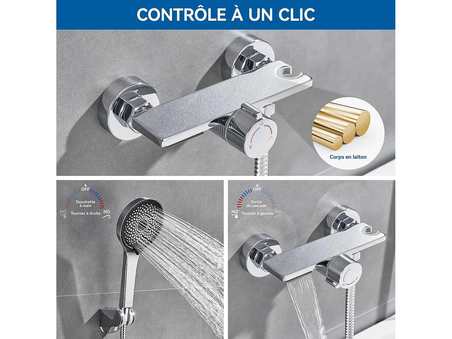 Auralum MAX Grifo para Bañera en Cascada,Cromo,con Alcachofa de Mano de 5 Funciones,Mezclador de Latón+Toallero de Baño Adhesivo/Perforador,Cepillado