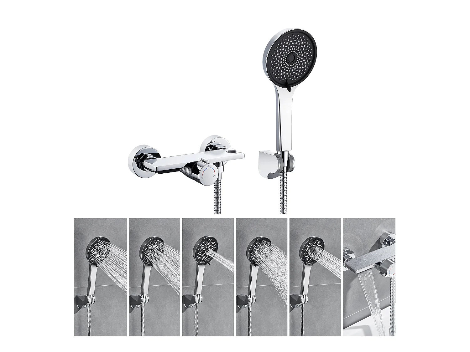 Auralum MAX Waterval Badkraan, Verchroomd, met Handdouche 5 Functie, Messing Mengkraan, Douchekraan Wandmontage met Warme En Koude Douche