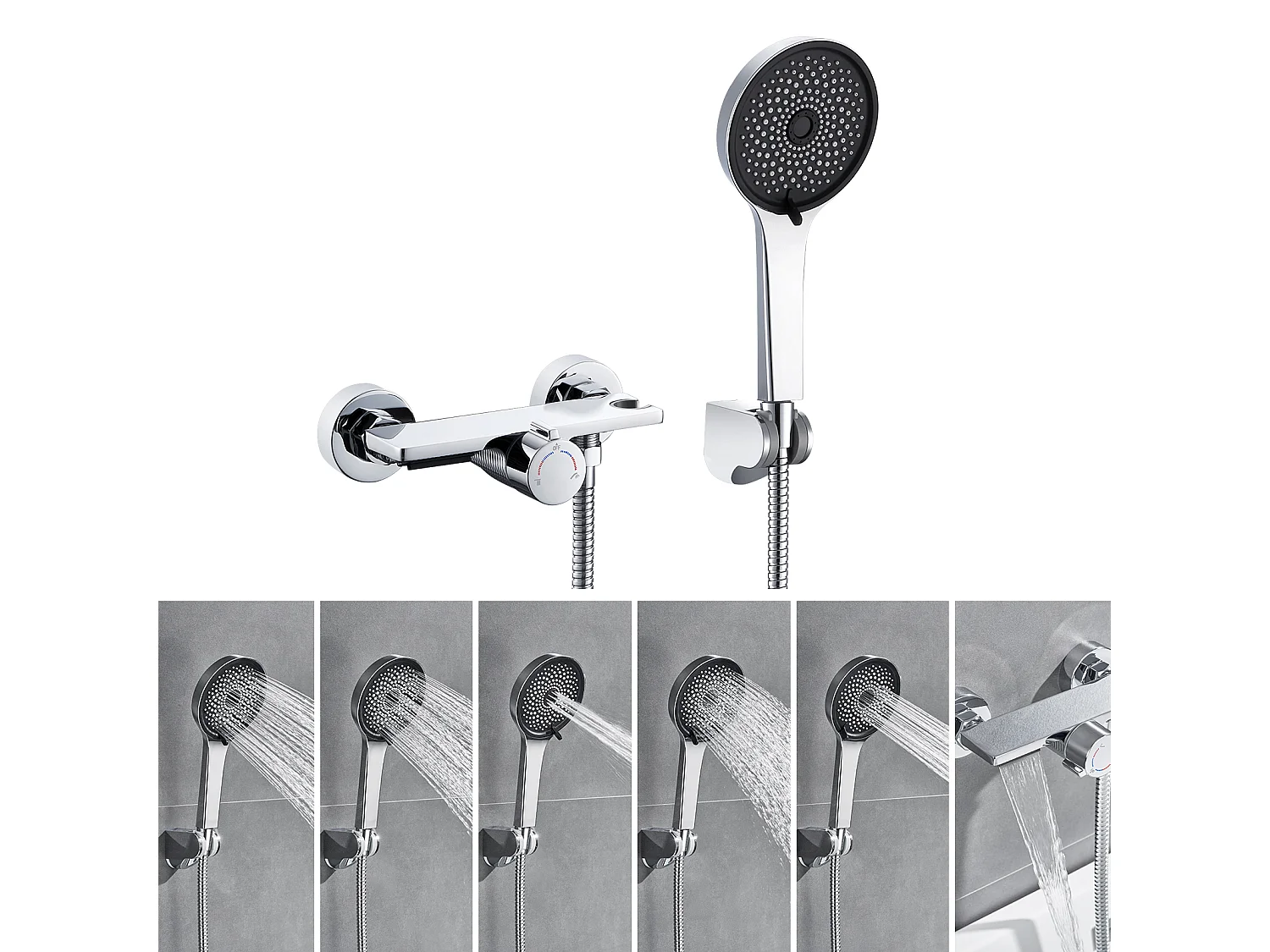 Auralum MAX Waterval Badkraan, Verchroomd, met Handdouche 5 Functie, Messing Mengkraan, Douchekraan Wandmontage met Warme En Koude Douche