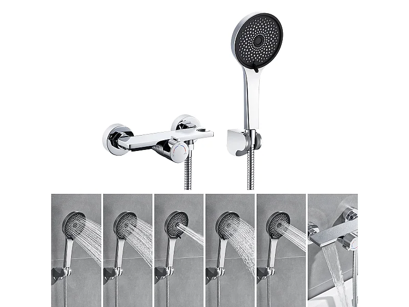 Robinet Baignoire Cascade Auralum MAX,Chromé,avec Douchette  5 Fonction,Mitigeur en Laiton,Robinet Douche ​Montage Murale avec Douche Chaud Et Froid