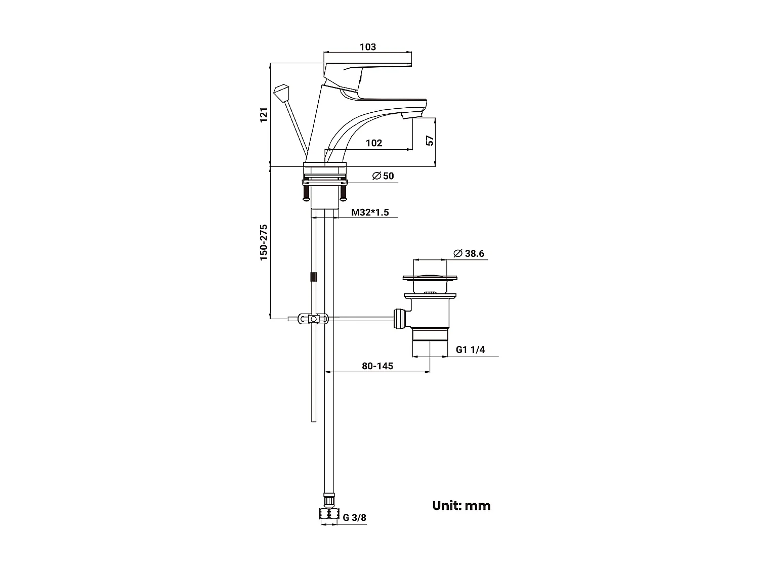 Cecipa max Mitigeur lavabo Robinet avec levier de vidange Chrom Laiton,EU Modèle