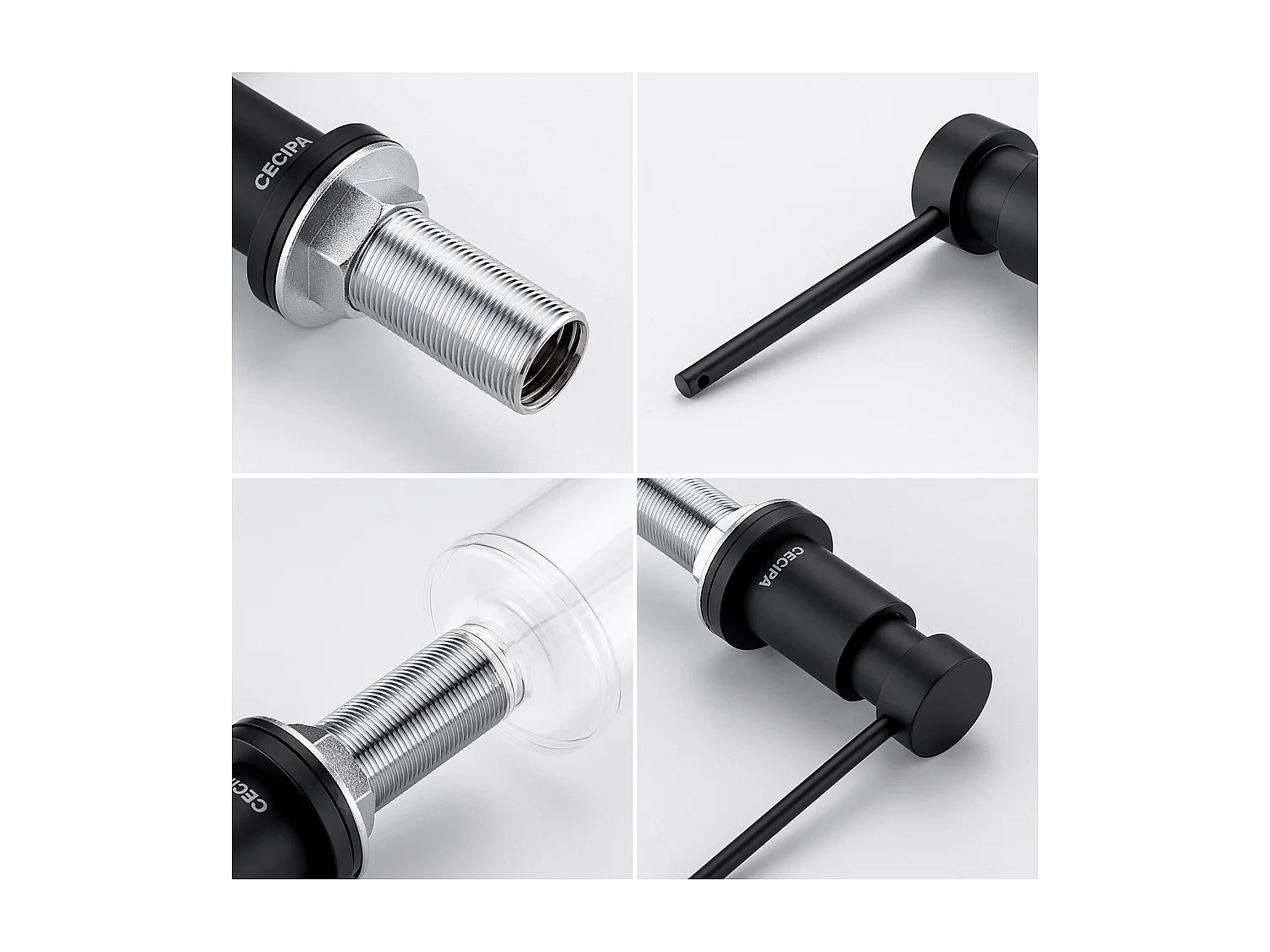 Cecipa max Dispensador de Jabón Negro - Dispensador de Jabón para Fregadero con Recipiente de 300ML + Manguera de Extensión de Silicona de 1,25M, Modelo UE