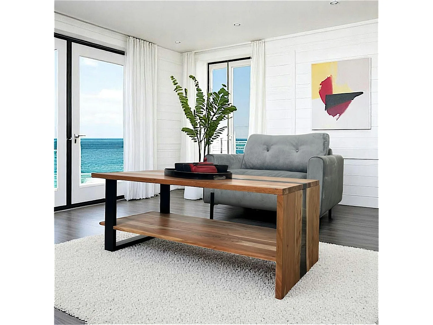 Table basse rivière epoxy noir et bois d'acacia BORA