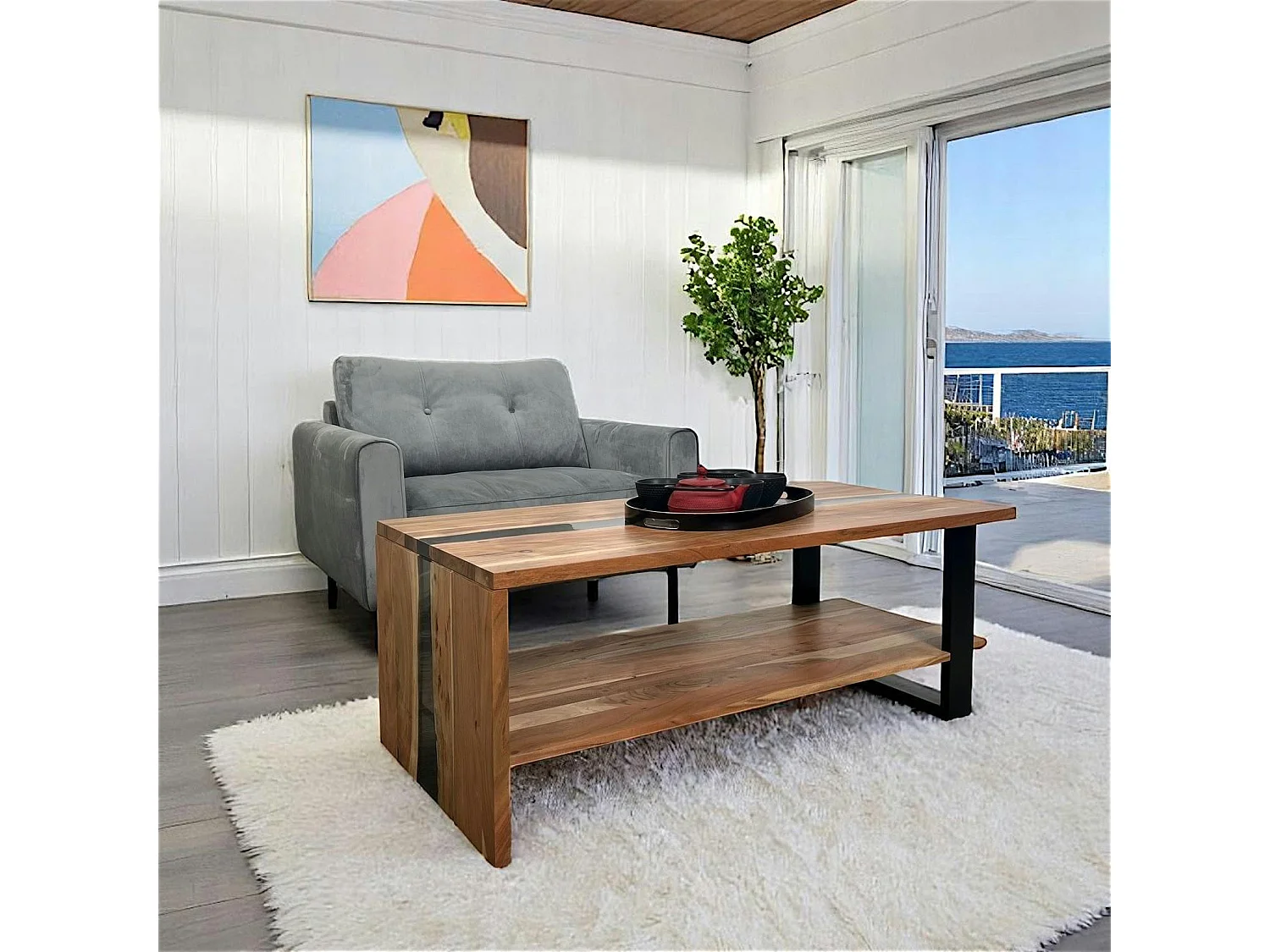 Table basse rivière epoxy noir et bois d'acacia BORA