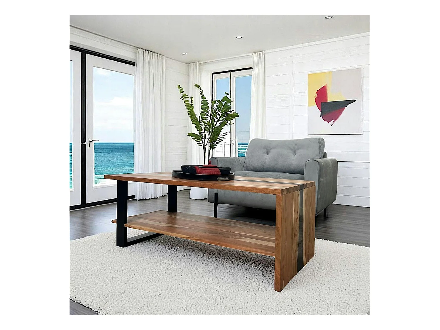 Table basse rivière epoxy noir et bois d'acacia BORA