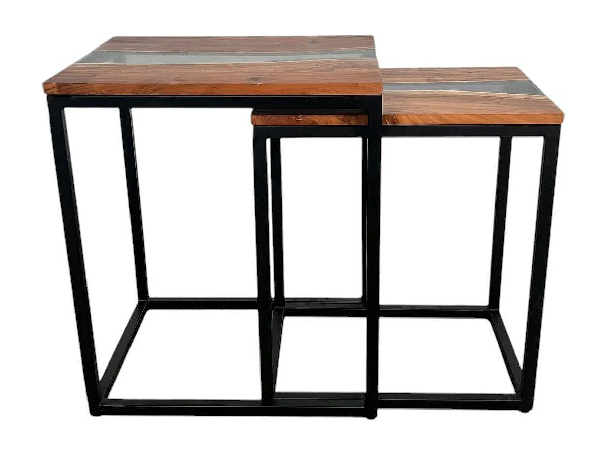 Table basse gigogne epoxy noir et bois d'acacia (lot de 2) BORA