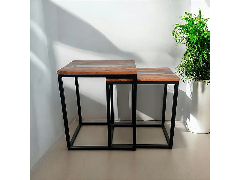 Table basse gigogne epoxy noir et bois d'acacia (lot de 2) BORA