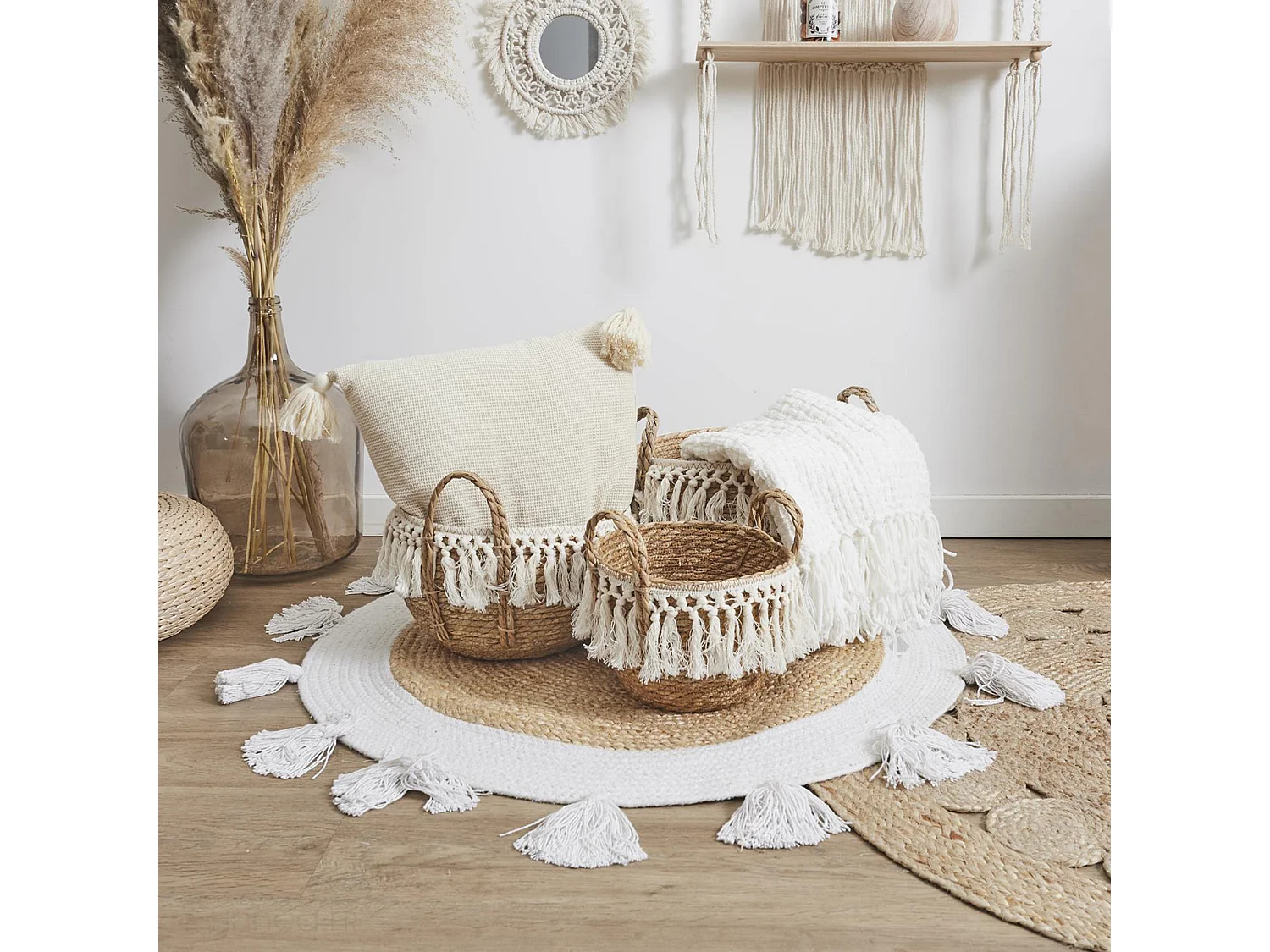 Lot de 3 paniers de rangement tressés 33x28x33 cm collection ADELAIDE marron et blanc