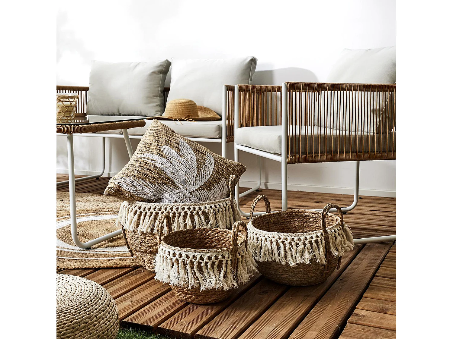 Lot de 3 paniers de rangement tressés 33x28x33 cm collection ADELAIDE marron et blanc