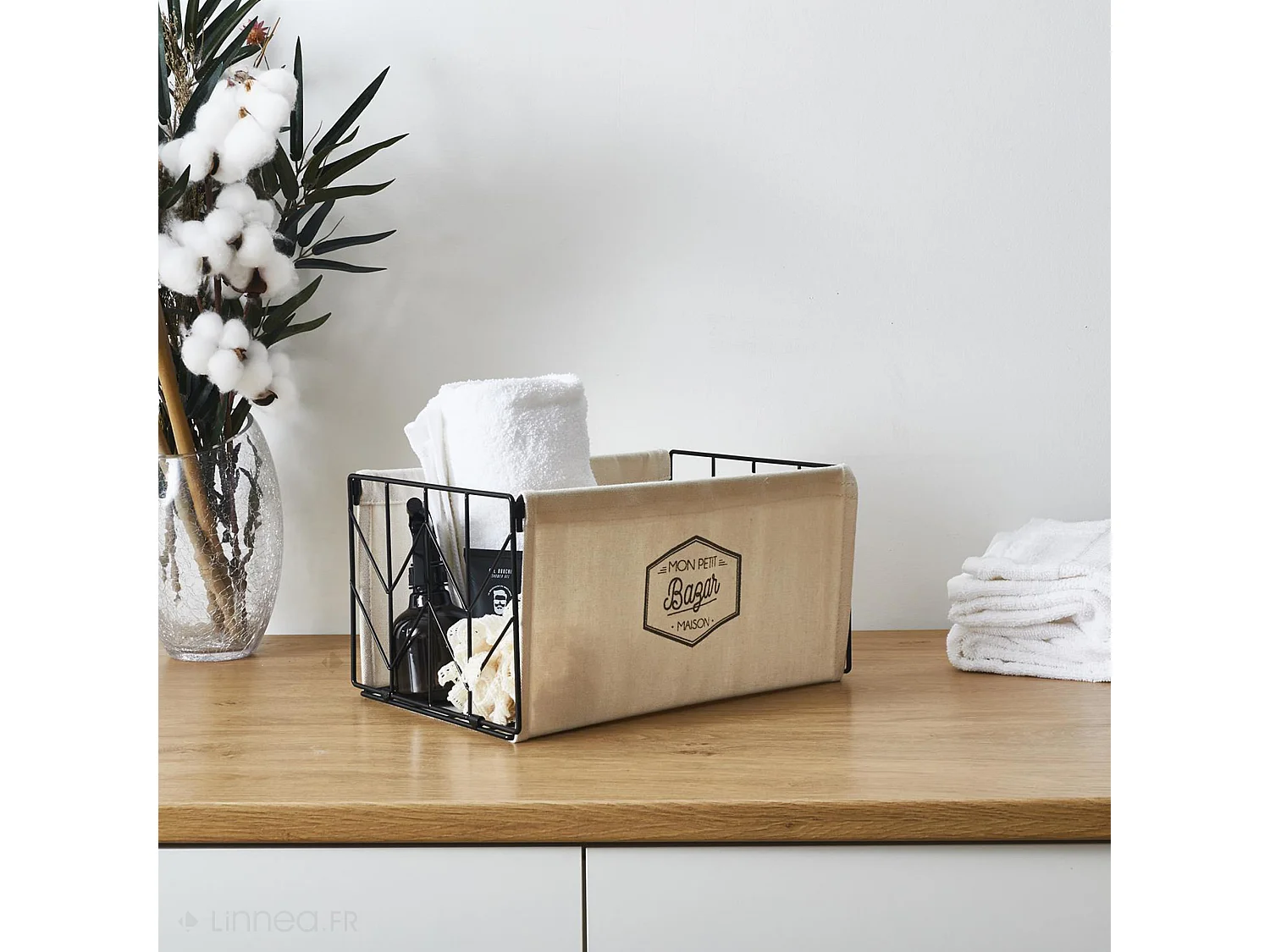 Panier de rangement "Mon petit bazar" 35x18x23 cm VASSILI grise