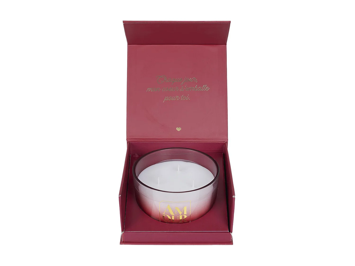 Bougie parfumée 3 mèches en coton AMOUR à la cire de parafine senteur rêve poudré