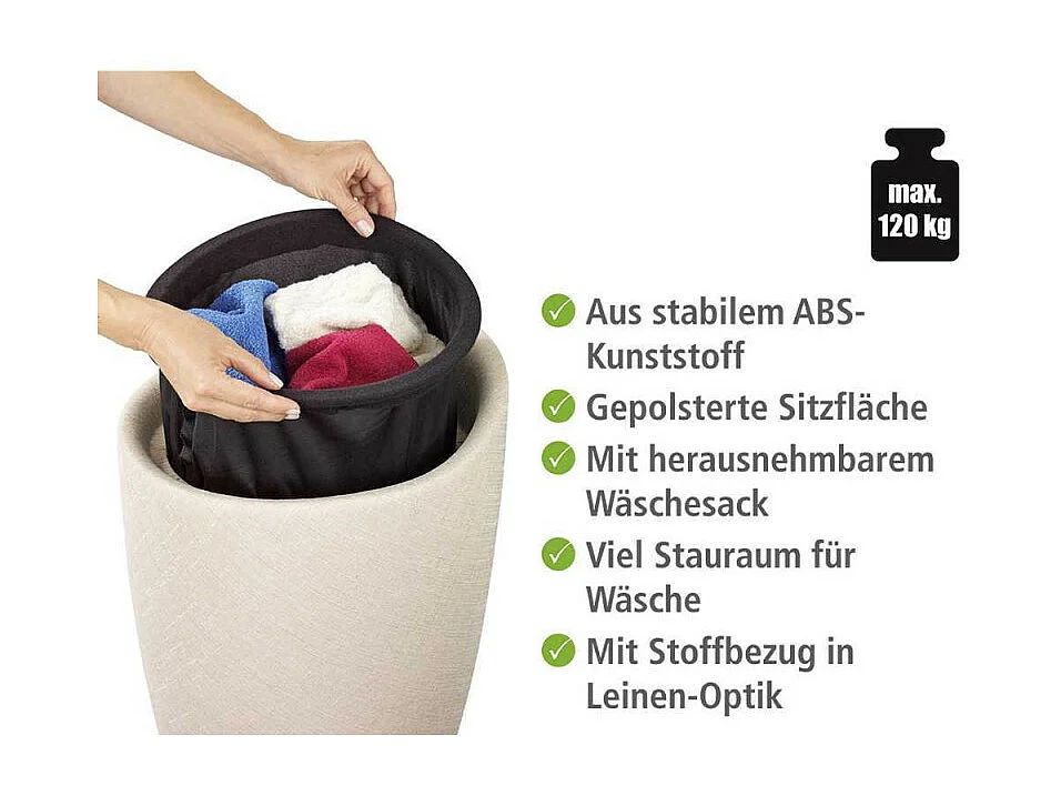 Tabouret de salle de bain et coffre à linge en tissu effet lin 20L "Candy" - Beige - D 36 x H 50,5 cm