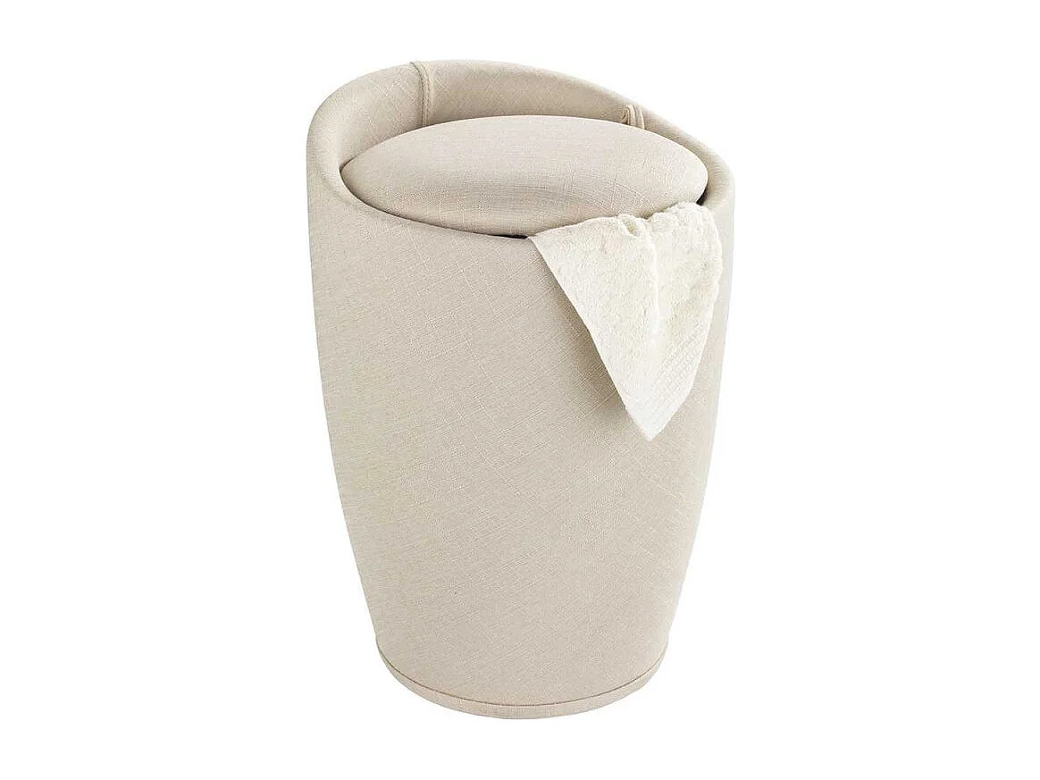 Tabouret de salle de bain et coffre à linge en tissu effet lin 20L "Candy" - Beige - D 36 x H 50,5 cm