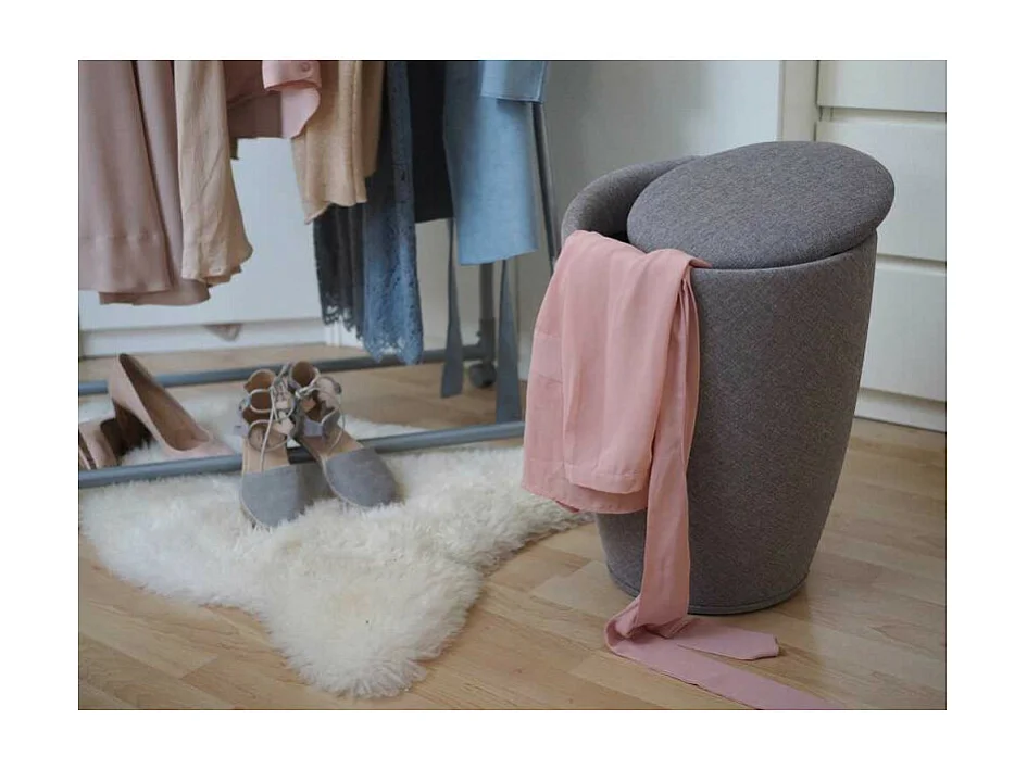 Tabouret de salle de bain et coffre à linge en tissu effet lin 20L "Candy" - Gris - D 36 x H 50,5 cm
