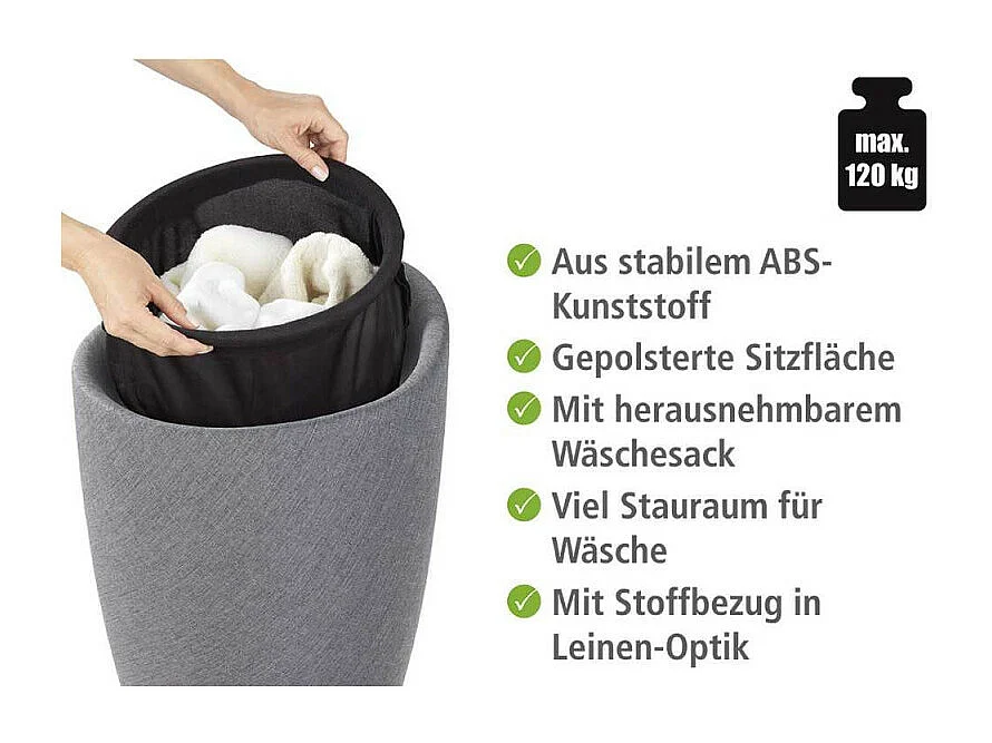 Tabouret de salle de bain et coffre à linge en tissu effet lin 20L "Candy" - Gris - D 36 x H 50,5 cm