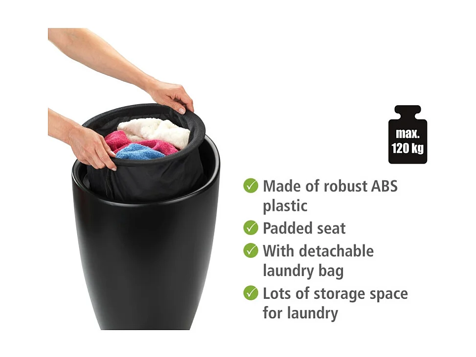 Tabouret rond en plastique avec coffre à linge 20L "Candy" - Noir - D 36 x H 50,5 cm