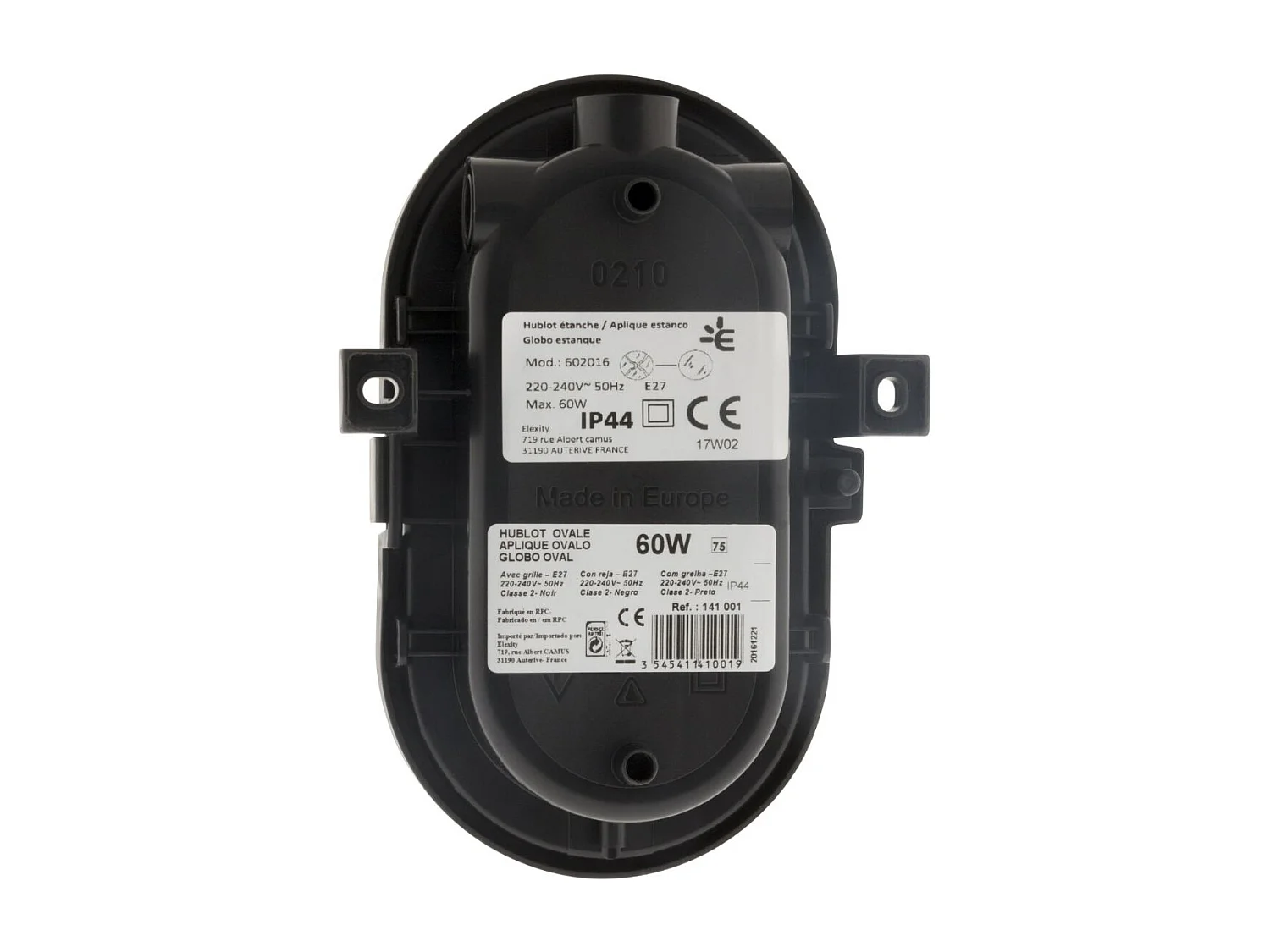 Hublot ovale 60W IP44 E27 Classe II - Noir - Zenitech