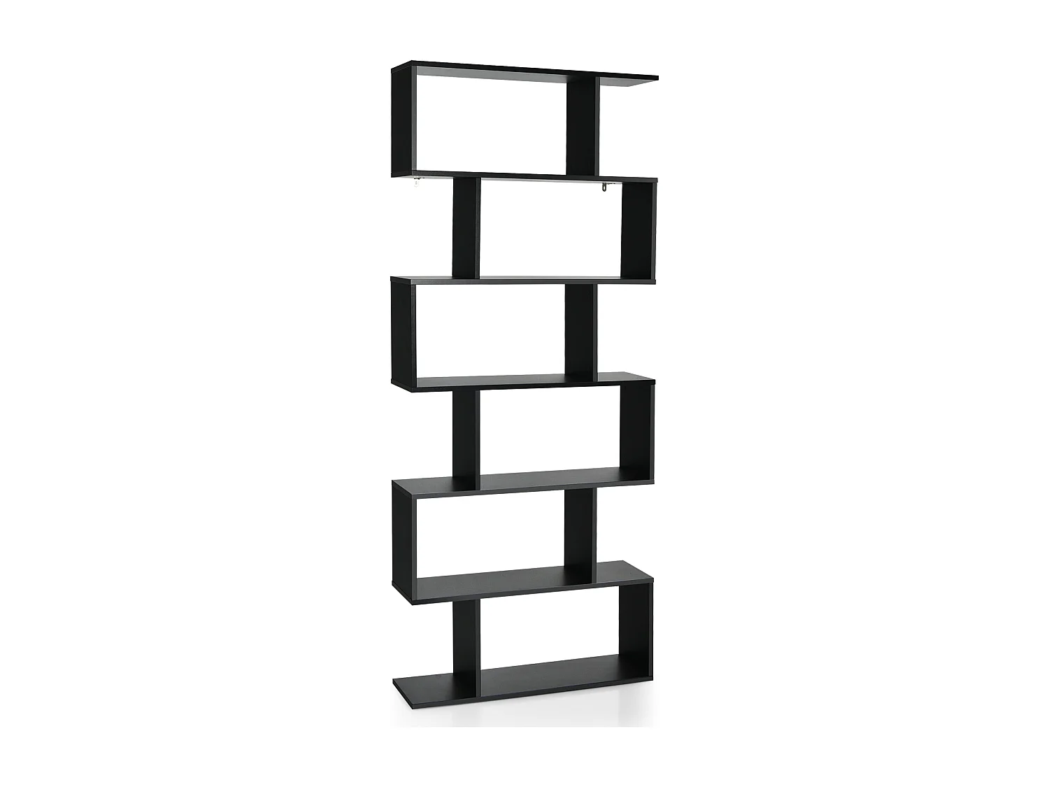 Libreria a 6 livelli a forma di S con dispositivo antiribaltamento, Scaffale di legno per casa e ufficio Nero