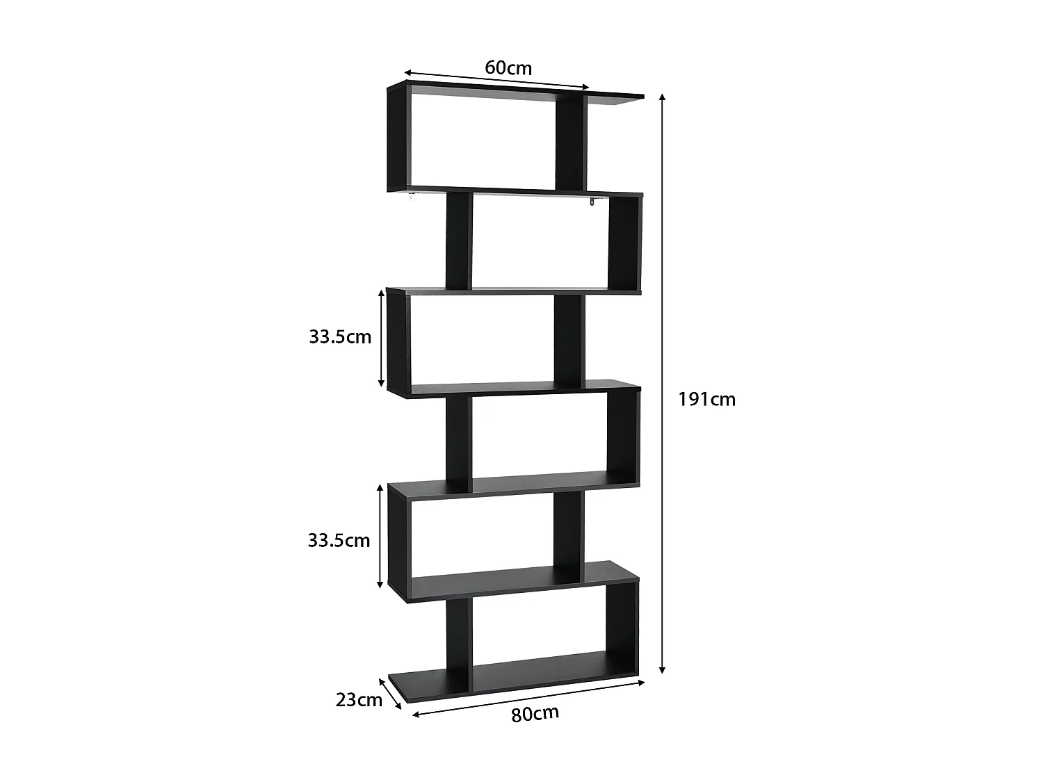 Libreria a 6 livelli a forma di S con dispositivo antiribaltamento, Scaffale di legno per casa e ufficio Nero