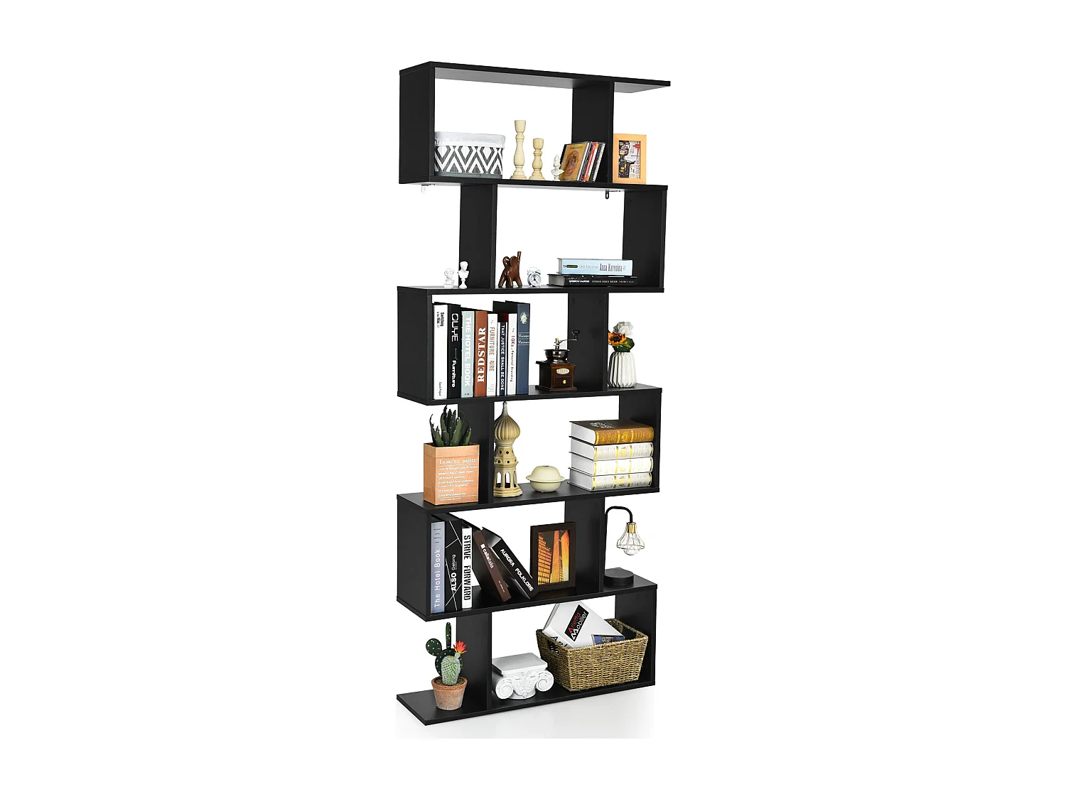 Libreria a 6 livelli a forma di S con dispositivo antiribaltamento, Scaffale di legno per casa e ufficio Nero