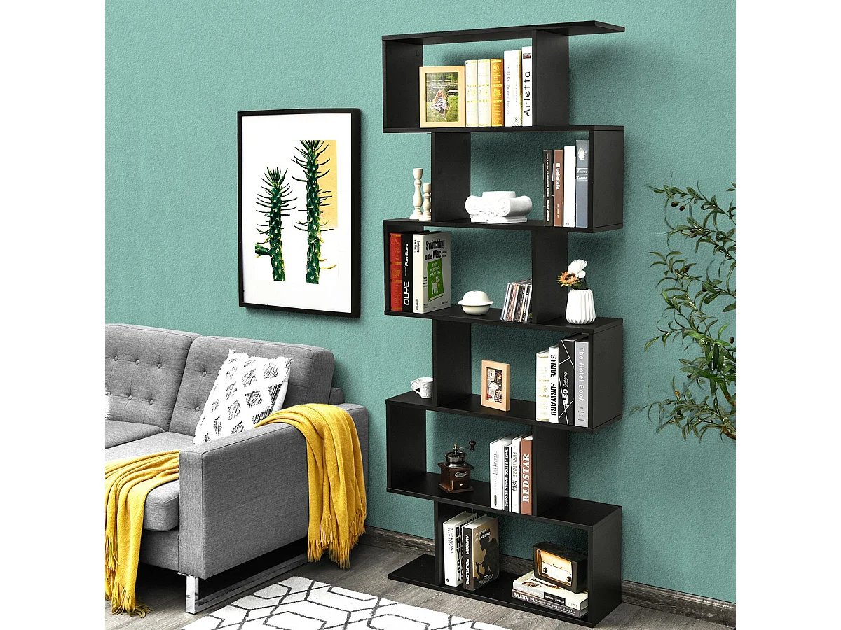 Libreria a 6 livelli a forma di S con dispositivo antiribaltamento, Scaffale di legno per casa e ufficio Nero