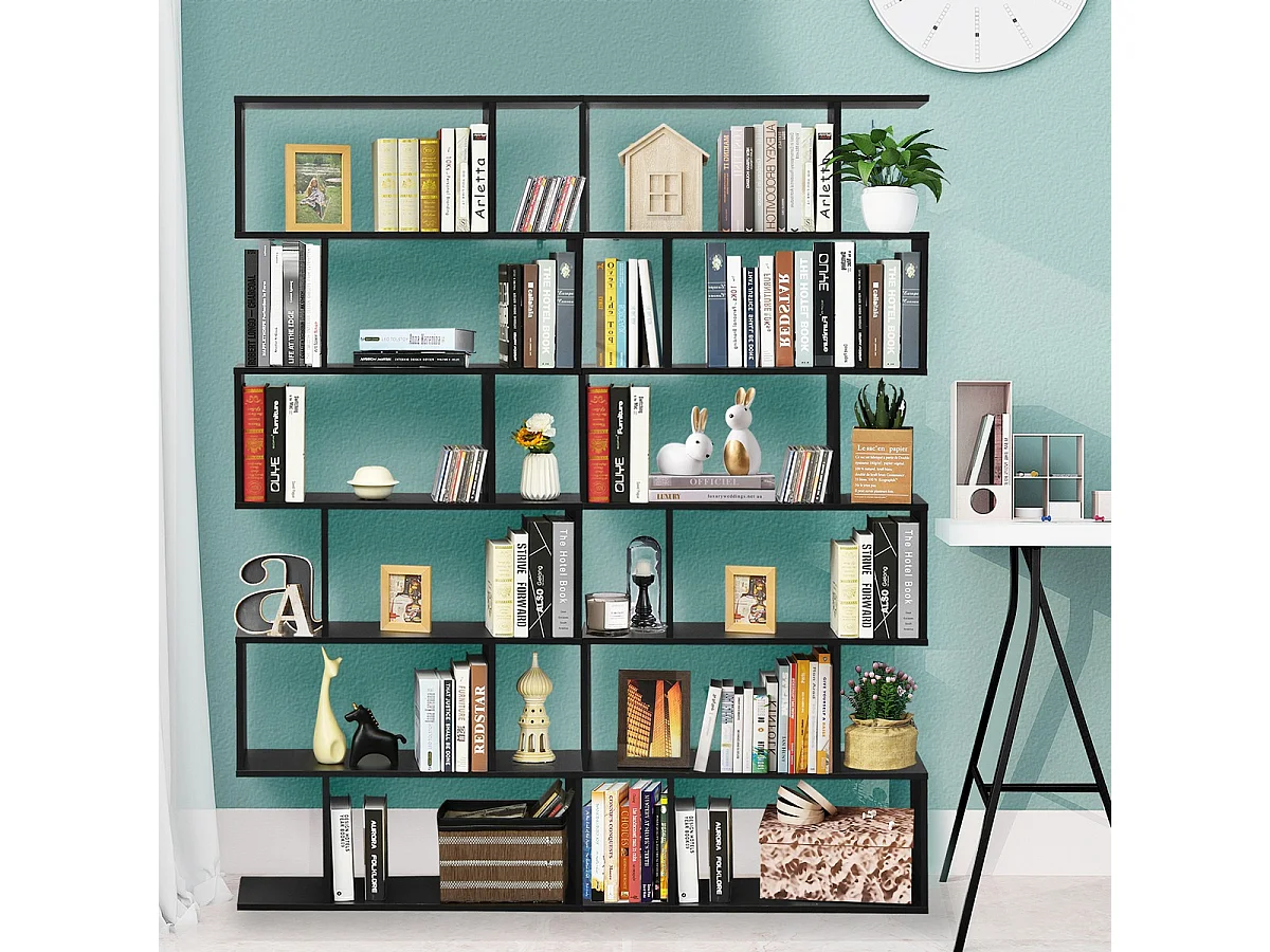 Libreria a 6 livelli a forma di S con dispositivo antiribaltamento, Scaffale di legno per casa e ufficio Nero