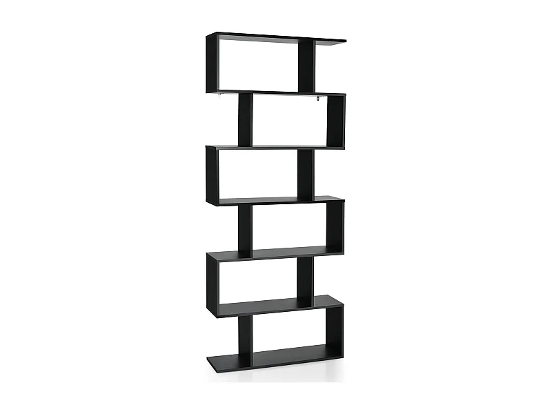Libreria a 6 livelli a forma di S con dispositivo antiribaltamento, Scaffale di legno per casa e ufficio Nero