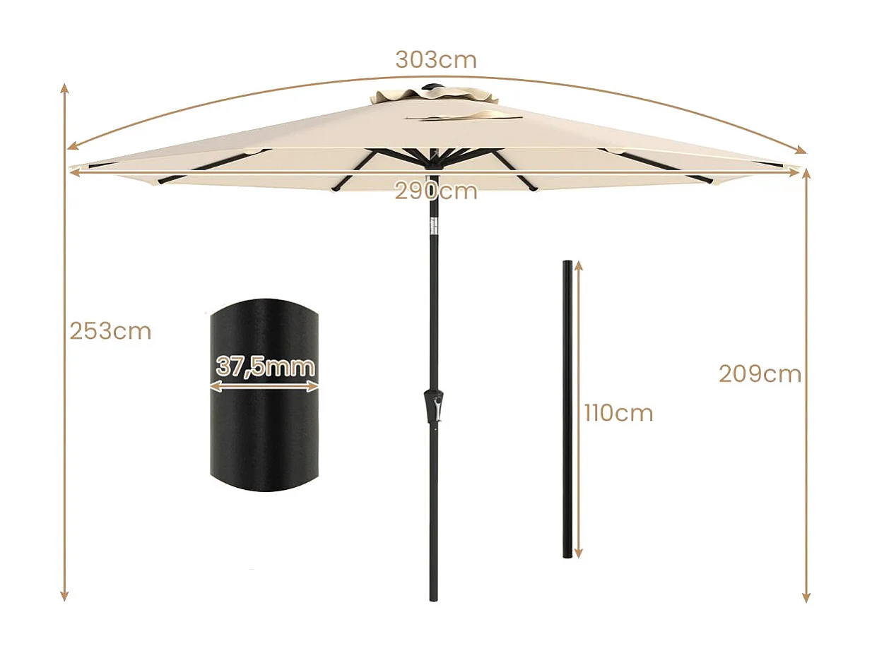 Terrassenschirm Ø 290 cm beige – kurbelbetrieben, 25° neigbar, 8 Streben, ohne Ständer