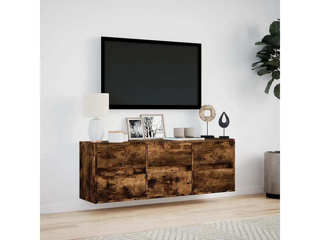 Mueble de TV de pared con luces LED roble ahumado 130x31x45 cm