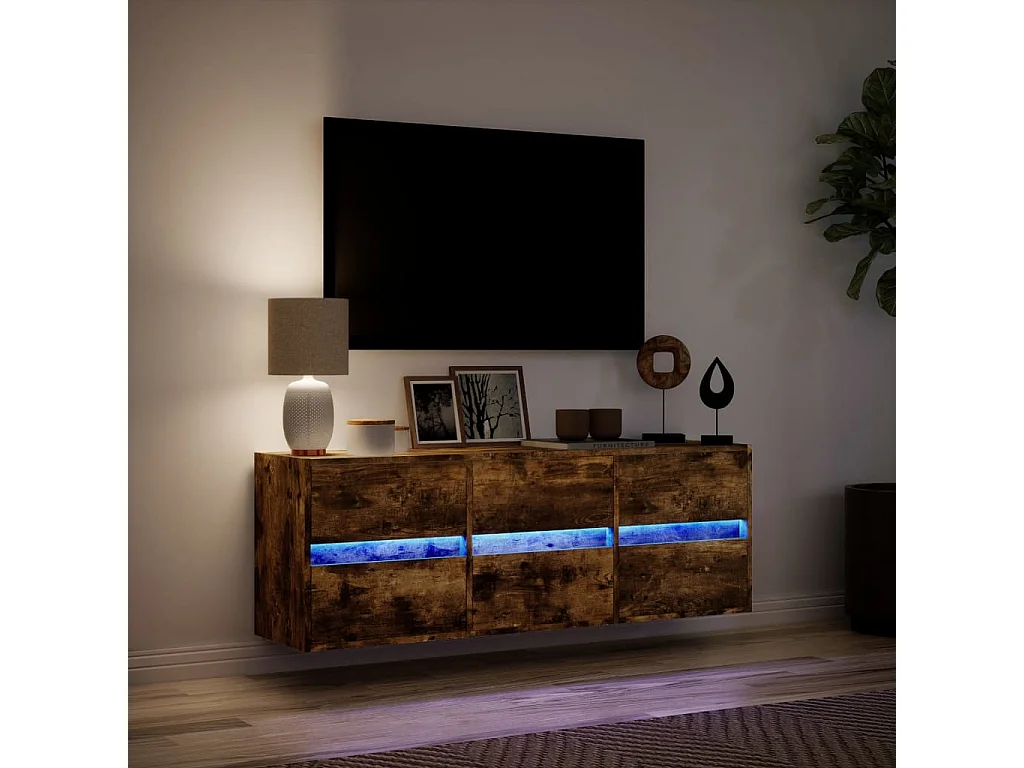 Mueble de TV de pared con luces LED roble ahumado 130x31x45 cm
