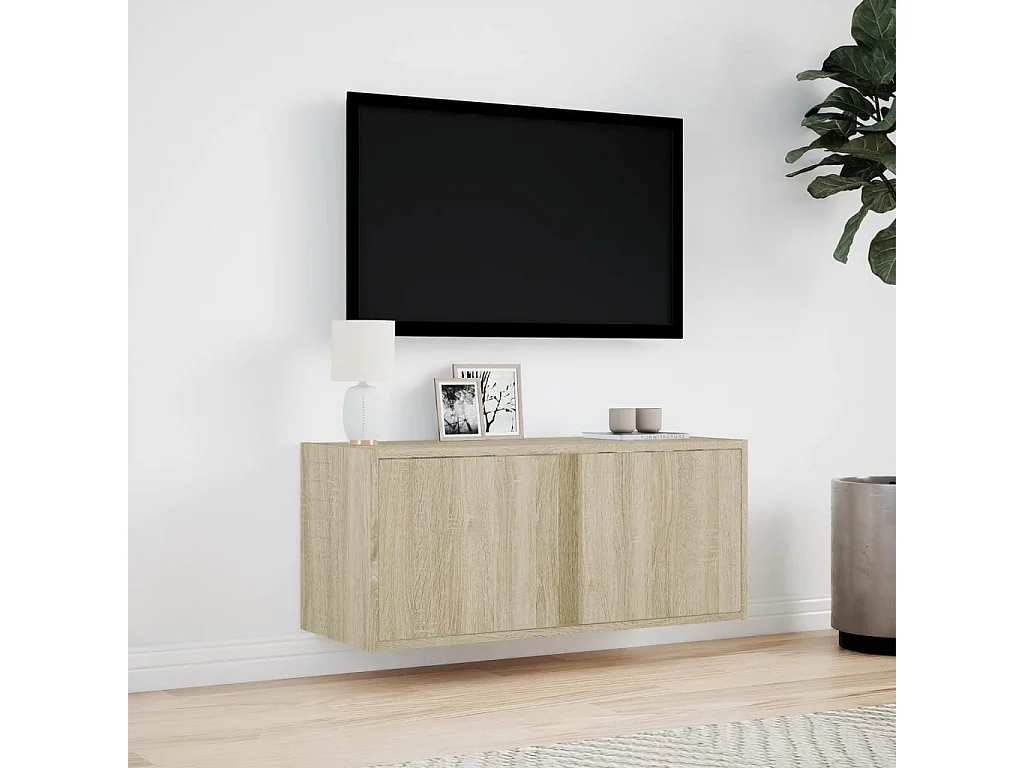 Mobile TV a Parete con Luci LED Rovere Sonoma 80x31x35 cm