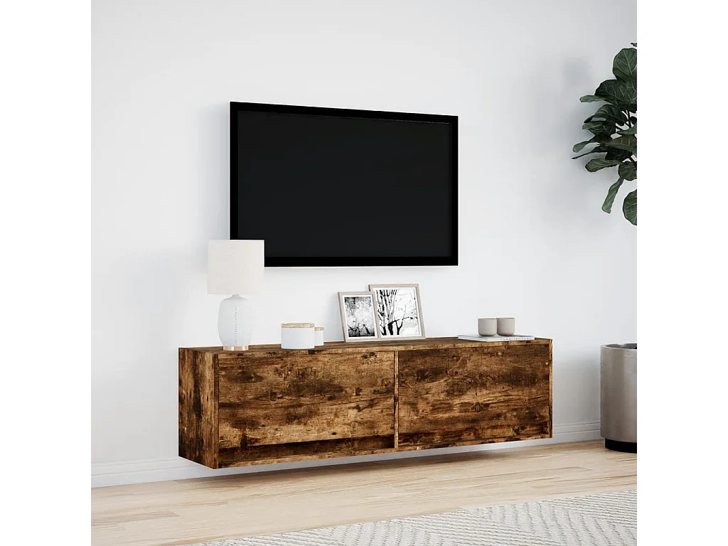 Meuble TV mural avec lumières LED chêne fumé 140x31x38 cm
