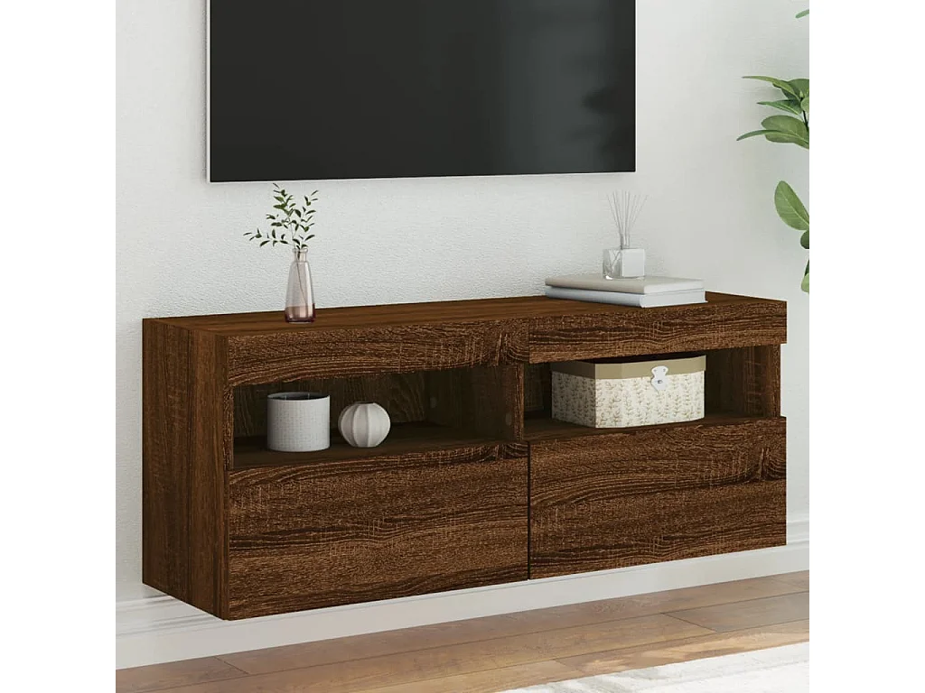 Móvel parede p/ TV c/ luzes LED 100x30x40 cm carvalho castanho
