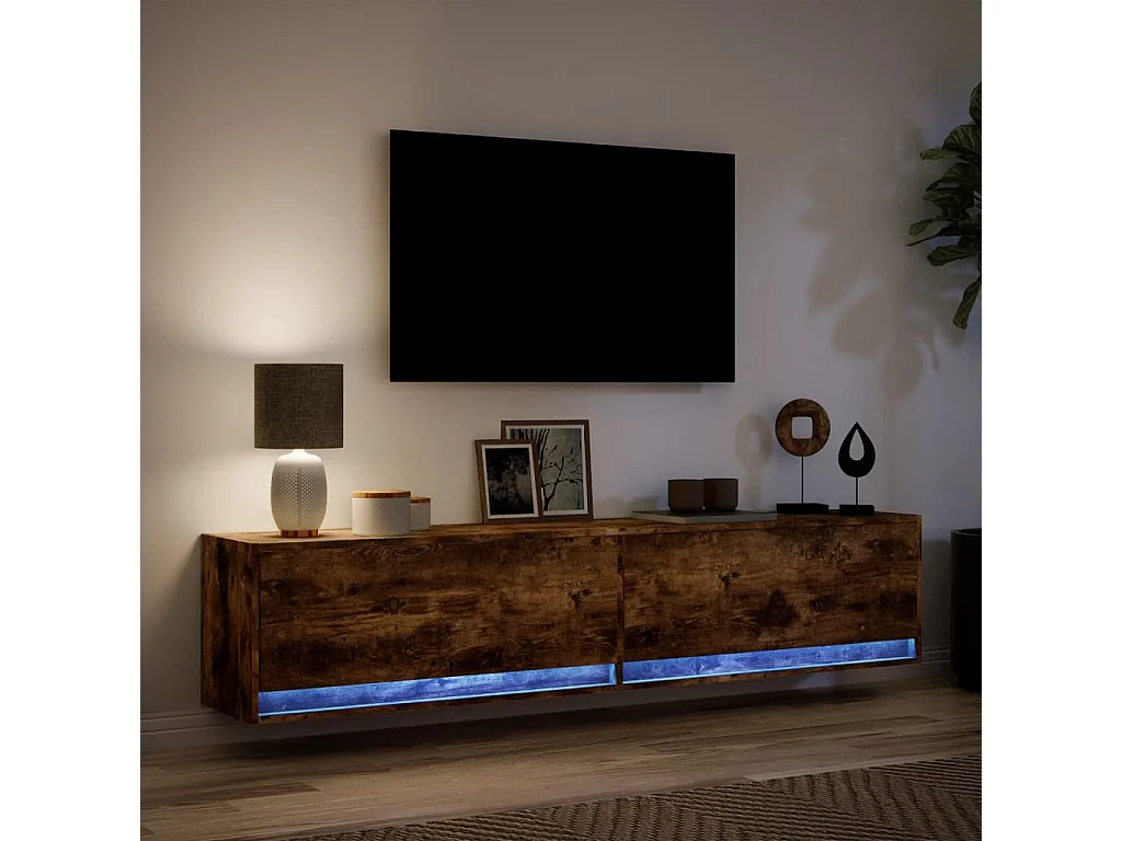 Meuble TV mural avec LED chêne fumé 180x31x38 cm