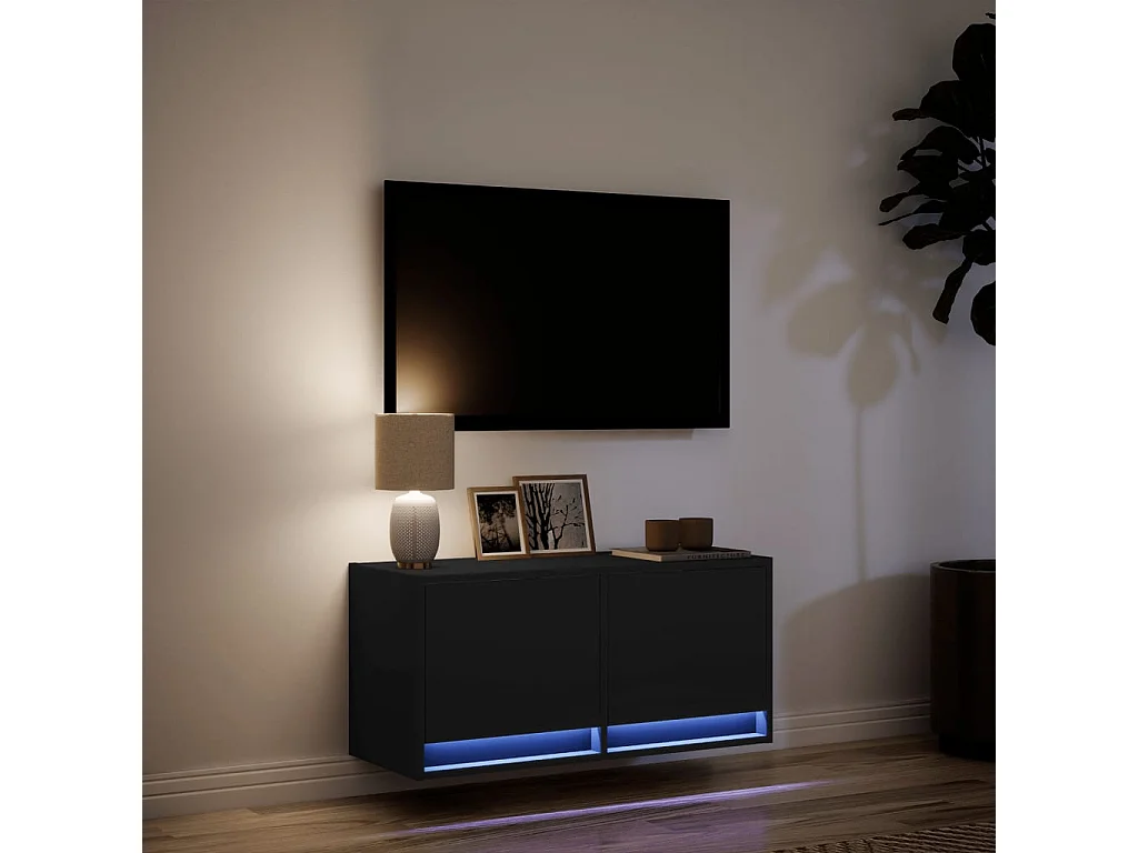 Mueble de TV de pared con luces LED negro 80x31x35 cm