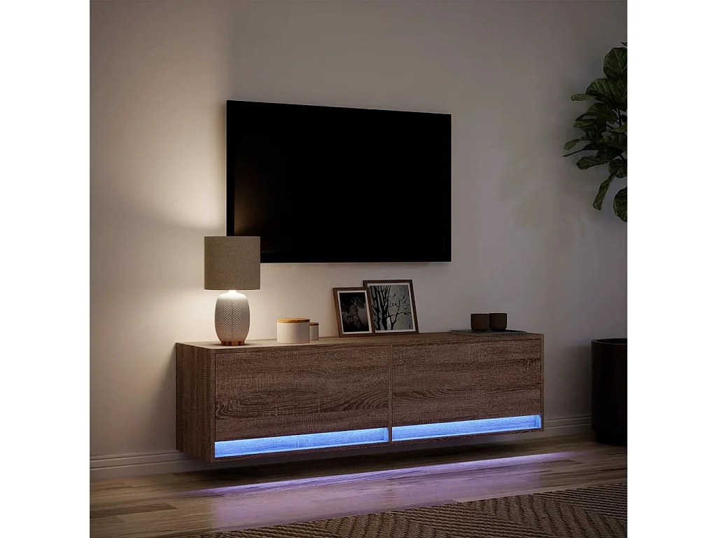 Mobile TV a Parete con Luci LED Rovere Marrone 140x31x38 cm