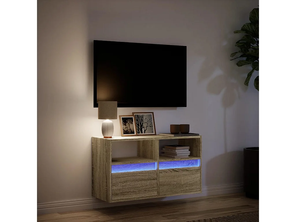 Mobile TV a Parete con Luci LED Rovere Sonoma 80x31x45 cm