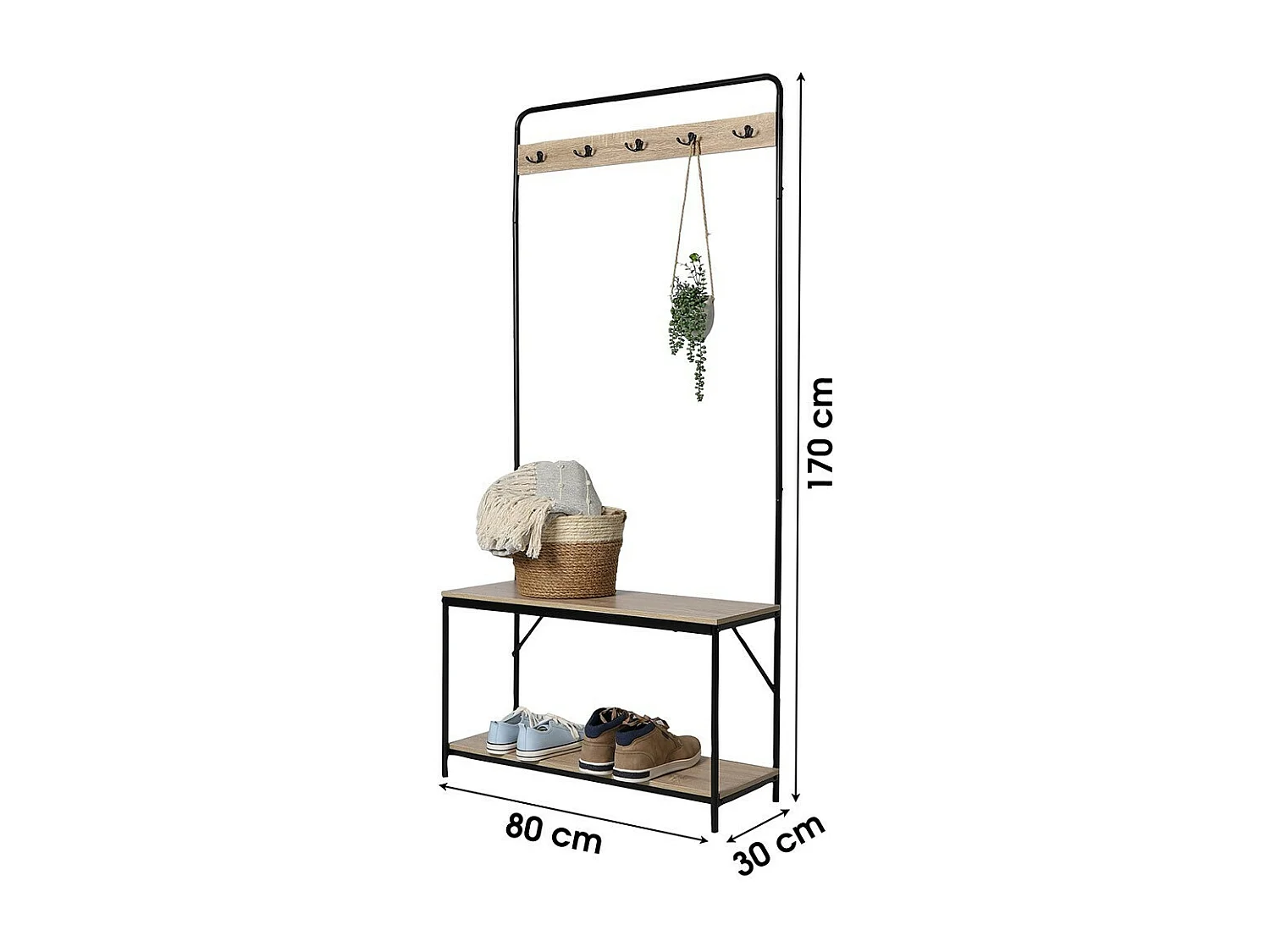 Portant collection PHOEBE coloris chêne clair et noir. Meuble d'entrée avec banc et rangement chaussures intégrés