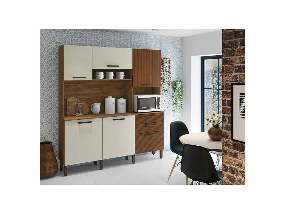 Buffet de Cuisine 6 Portes 2 Tiroirs Noyer et Blanc Ecru L 180.2 H 198 P 38.8 cm