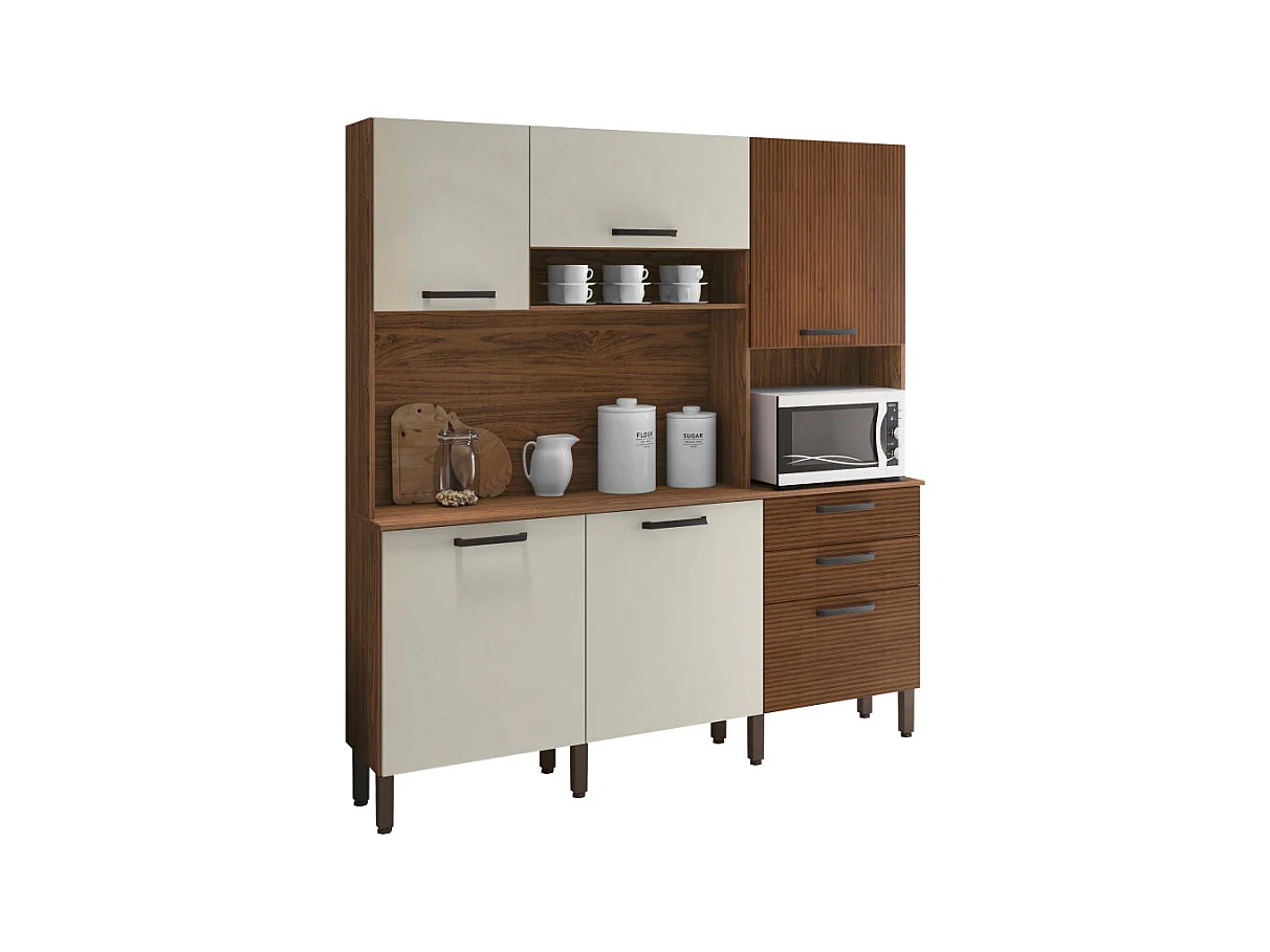 Buffet de Cuisine 6 Portes 2 Tiroirs Noyer et Blanc Ecru L 180.2 H 198 P 38.8 cm