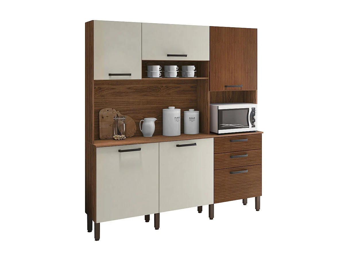 Buffet de Cuisine 6 Portes 2 Tiroirs Noyer et Blanc Ecru L 180.2 H 198 P 38.8 cm