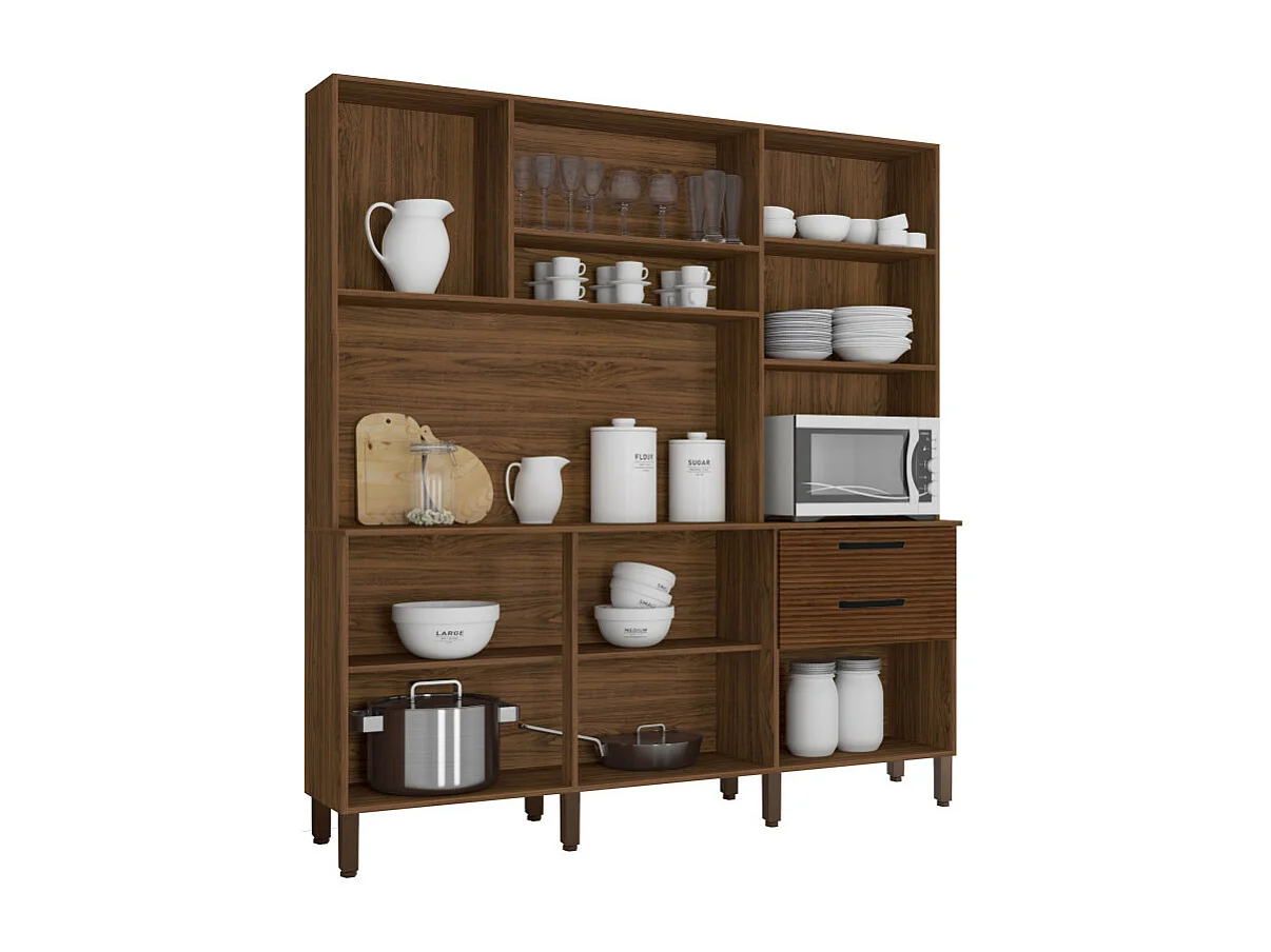 Buffet de Cuisine 6 Portes 2 Tiroirs Noyer et Blanc Ecru L 180.2 H 198 P 38.8 cm