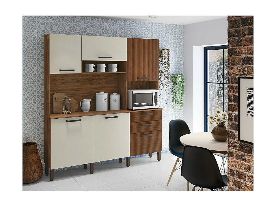 Buffet de Cuisine 6 Portes 2 Tiroirs Noyer et Blanc Ecru L 180.2 H 198 P 38.8 cm