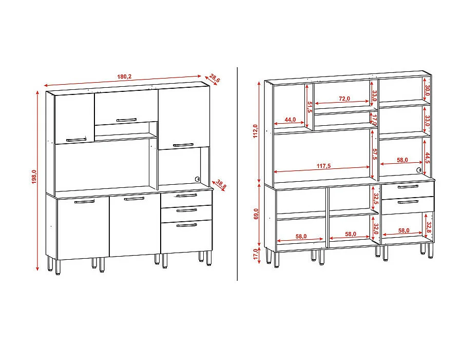 Buffet de Cuisine 6 Portes 2 Tiroirs Noyer et Blanc Ecru L 180.2 H 198 P 38.8 cm