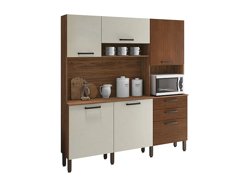 Buffet de Cuisine 6 Portes 2 Tiroirs Noyer et Blanc Ecru L 180.2 H 198 P 38.8 cm