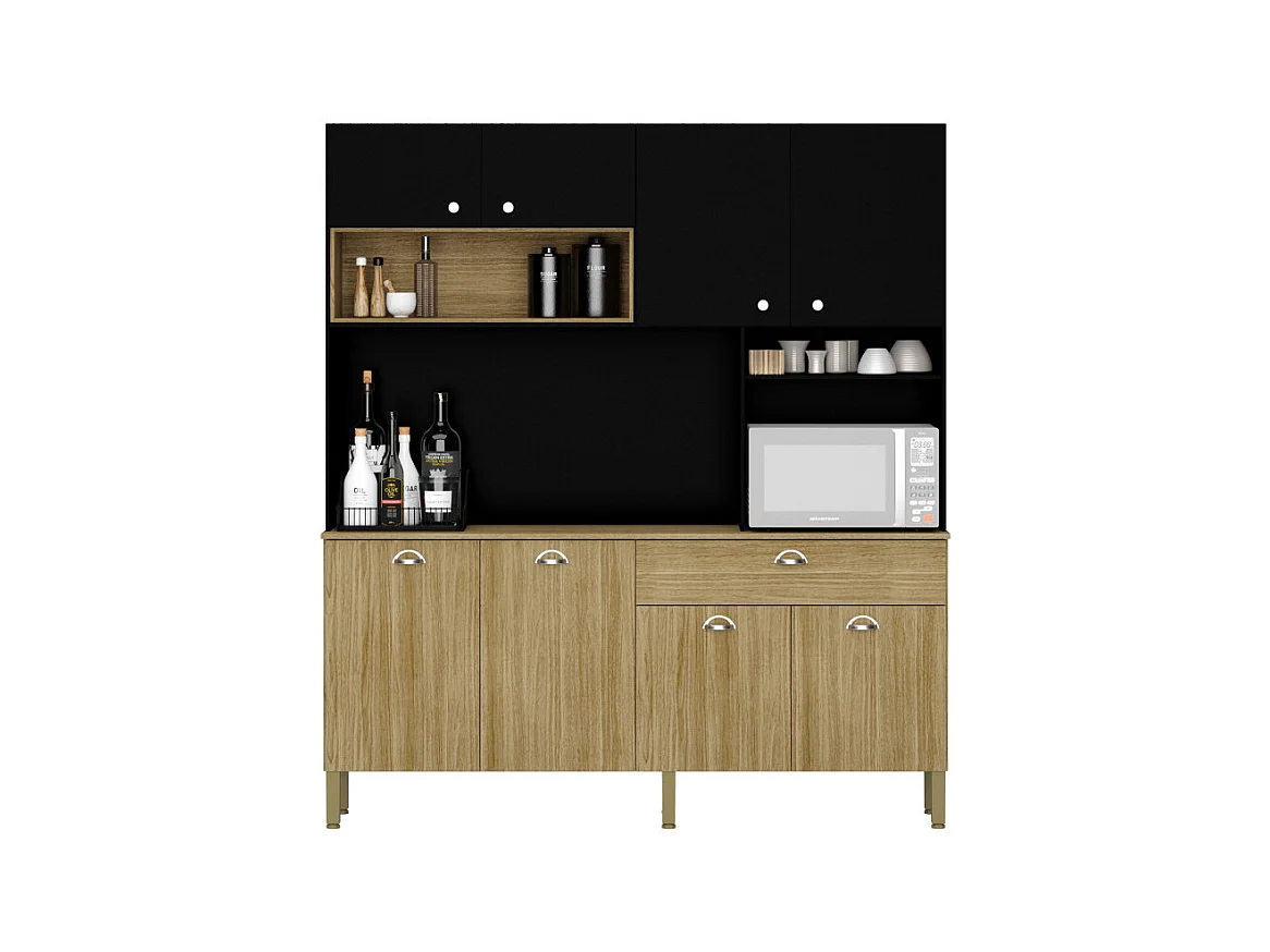 Buffet de Cuisine 8 Portes 1 Tiroir 10 NIches Chêne et Noir L 182.8 H 205 P 39.3 cm