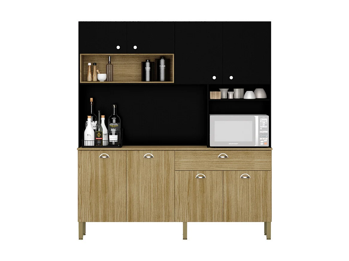 Buffet de Cuisine 8 Portes 1 Tiroir 10 NIches Chêne et Noir L 182.8 H 205 P 39.3 cm