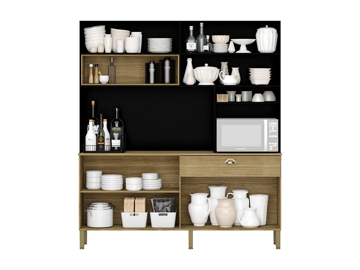 Buffet de Cuisine 8 Portes 1 Tiroir 10 NIches Chêne et Noir L 182.8 H 205 P 39.3 cm